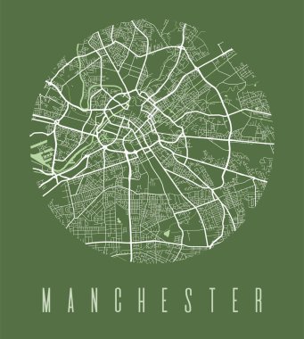 Manchester harita posteri. Manchester şehrinin dekoratif sokak haritası. Şehir manzarası arya panorama siluet hava görüntüsü, tipografi tarzı. Kara, nehir, otoyollar. Yuvarlak dairesel vektör çizimi.