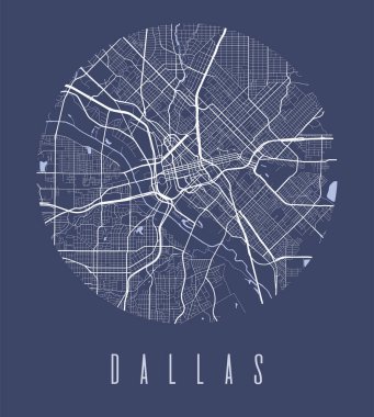 Dallas map poster. Decorative design street map of Dallas city. Cityscape aria panorama silhouette aerial view, typography style. Land, river, highways, avenue. Round circular vector illustration.