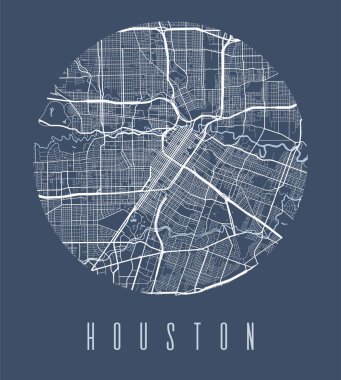 Houston map poster. Decorative design street map of Houston city. Cityscape aria panorama silhouette aerial view, typography style. Land, river, highways, avenue. Round circular vector illustration.