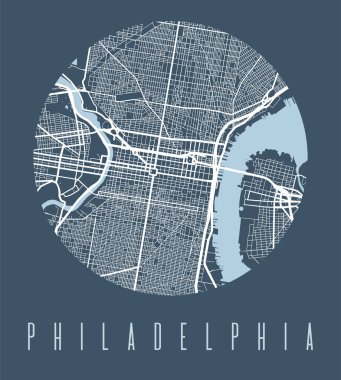 Philadelphia map poster. Decorative design street map of Philadelphia city. Cityscape aria panorama silhouette aerial view, typography style. Land, river, highways, avenue. Round circular vector illustration.