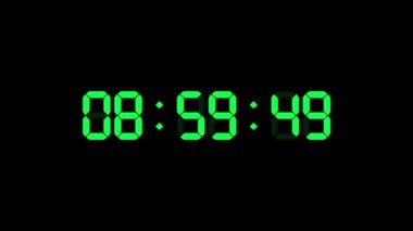 Dijital saat 9 yönünde. Saniyeler dokuza kadar sayar. Sayısal elektronik yeşil ekran. 4K animasyon videosu. Siyah arkaplan.