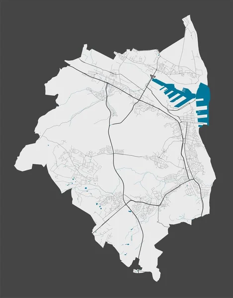 Gdynia haritası. Gdynia şehir yönetim bölgesinin detaylı haritası. Şehir manzarası manzarası. Kraliyetten bağımsız vektör çizimi. Karayolları, sokaklar, nehirler. Turist dekoratif sokak haritası.