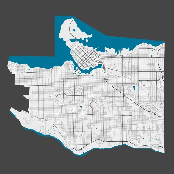 Vancouver haritası. Vancouver şehir idari bölgesinin detaylı haritası. Şehir manzarası manzarası. Kraliyetten bağımsız vektör çizimi. Karayolları, sokaklar, nehirler. Turist dekoratif sokak haritası.
