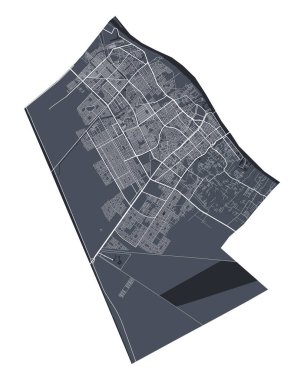 Basra haritası. Basra şehrinin idari alanının detaylı vektör haritası. Şehir Posteri Arya Manzarası. Beyaz sokakları, yolları ve caddeleri olan karanlık topraklar. Beyaz arkaplan.