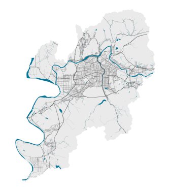 Daegu haritası. Daegu şehir idari bölgesinin ayrıntılı haritası. Şehir manzarası manzarası. Kraliyetten bağımsız vektör çizimi. Karayolları, sokaklar, nehirler. Turist dekoratif sokak haritası.