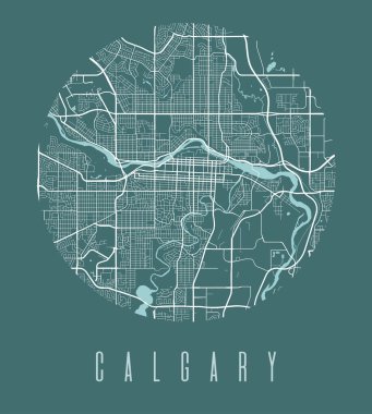 Calgary harita posteri. Calgary şehrinin dekoratif sokak haritası. Şehir manzarası arya panorama siluet hava görüntüsü, tipografi tarzı. Kara, nehir, otoyollar, cadde. Yuvarlak dairesel vektör çizimi.