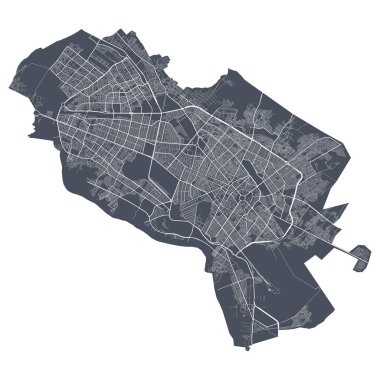 Mashhad haritası. Mashhad şehrinin idari alanının detaylı vektör haritası. Şehir Posteri Arya Manzarası. Beyaz sokakları, yolları ve caddeleri olan karanlık topraklar. Beyaz arkaplan.