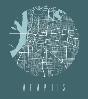 Memphis harita posteri. Memphis şehrinin dekoratif sokak haritası. Şehir manzarası arya panorama siluet hava görüntüsü, tipografi tarzı. Kara, nehir, otoyollar, cadde. Yuvarlak dairesel vektör çizimi.