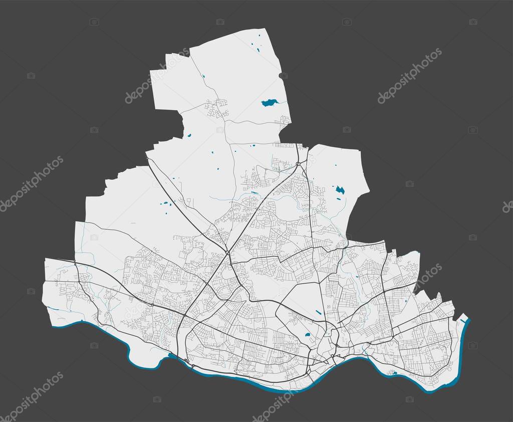 Newcastle upon Tyne map. Detailed map of Newcastle upon Tyne city administrative area. Cityscape panorama. Royalty free vector illustration. Outline map with highways, streets, rivers.