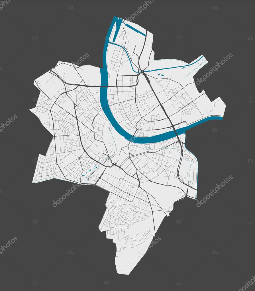 Basel map. Detailed map of Basel city administrative area. Cityscape panorama. Royalty free vector illustration. Outline map with highways, streets, rivers. Tourist decorative street map.