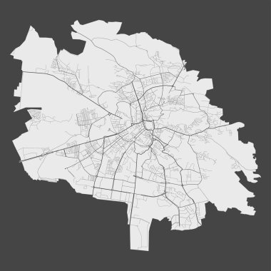 Lviv haritası. Lviv şehri yönetim bölgesinin detaylı haritası. Şehir manzarası manzarası. Kraliyetten bağımsız vektör çizimi. Karayolları, sokaklar, nehirler. Turist dekoratif sokak haritası.