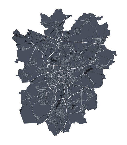 Braunschweig map. Detailed vector map of Braunschweig city administrative area. Cityscape poster metropolitan aria view. Dark land with white streets, roads and avenues. White background.