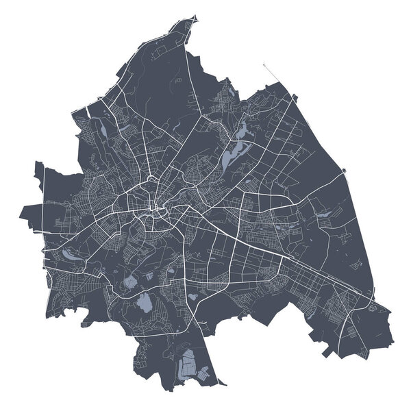 Kharkiv map. Detailed vector map of Kharkiv city administrative area. Cityscape poster metropolitan aria view. Dark land with white streets, roads and avenues. White background.