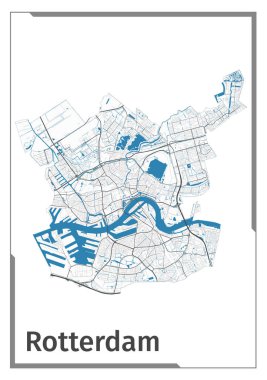 Rotterdam harita posteri, idari alan planı manzarası. Nehirleri ve caddeleri olan Rotterdam şehrinin siyah, beyaz ve mavi detaylı tasarım haritası. Şehir merkezinin ana hatları silueti.