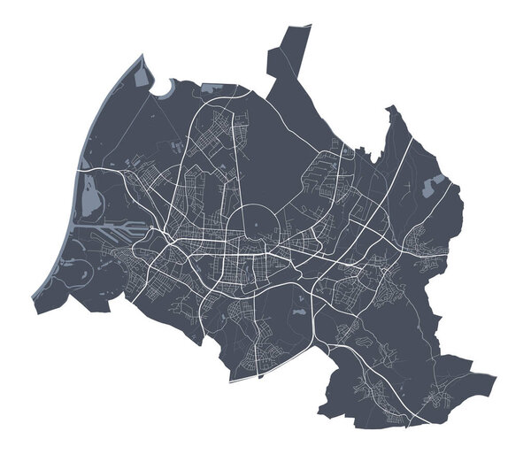Karlsruhe map. Detailed vector map of Karlsruhe city administrative area. Cityscape poster metropolitan aria view. Dark land with white streets, roads and avenues. White background.