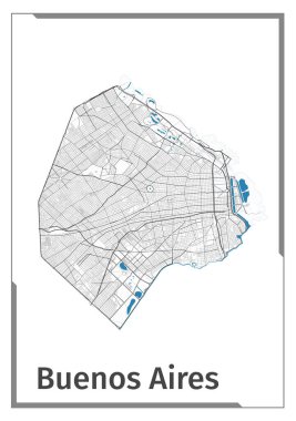 Buenos Aires map poster, administrative area plan view. Black, white and blue detailed design map of Buenos Aires city with rivers and streets. Outline silhouette of metropolitan cityscape. clipart