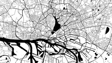 Siyah ve beyaz vektör arkaplan haritası, Hamburg şehri sokakları ve su haritası çizimi. Geniş ekran oranı, dijital düz tasarım sokak haritası.