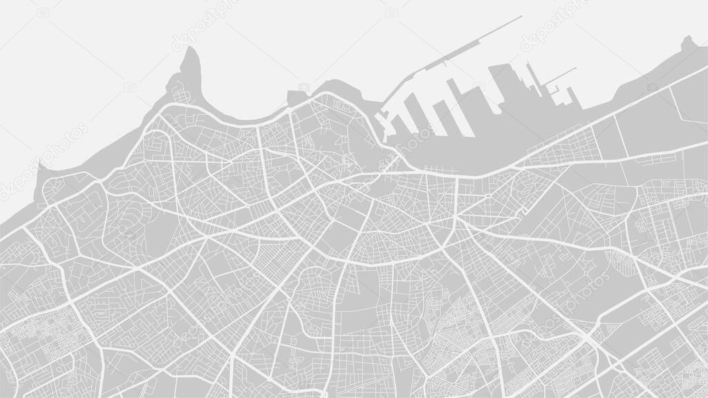 Bright grey vector background map, Casablanca city area streets and water cartography illustration. Widescreen proportion, digital flat design streetmap.