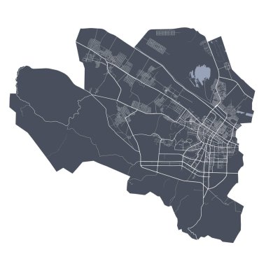 Ashgabat haritası. Ashgabat şehrinin idari alanının ayrıntılı vektör haritası. Şehir Posteri Arya Manzarası. Beyaz sokakları, yolları ve caddeleri olan karanlık topraklar. Beyaz arkaplan.