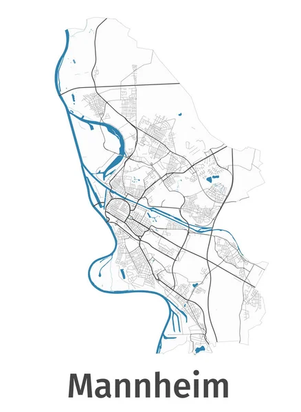 Mannheim haritası. Mannheim idari bölgesinin ayrıntılı haritası. Şehir manzarası manzarası. Kraliyetten bağımsız vektör çizimi. Karayolları, sokaklar, nehirler. Turist dekoratif sokak haritası.
