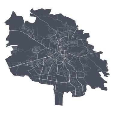 Lviv haritası. Lviv şehrinin idari alanının detaylı vektör haritası. Şehir Posteri Arya Manzarası. Beyaz sokakları, yolları ve caddeleri olan karanlık topraklar. Beyaz arkaplan.
