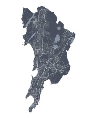 Mumbai haritası. Mumbai idari bölgesinin detaylı vektör haritası. Şehir Posteri Arya Manzarası. Beyaz sokakları, yolları ve caddeleri olan karanlık topraklar. Beyaz arkaplan.