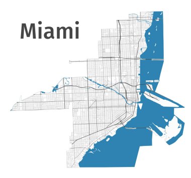Miami haritası. Miami idari bölgesinin detaylı haritası. Şehir manzarası manzarası. Kraliyetten bağımsız vektör çizimi. Karayolları, sokaklar, nehirler. Turist dekoratif sokak haritası.