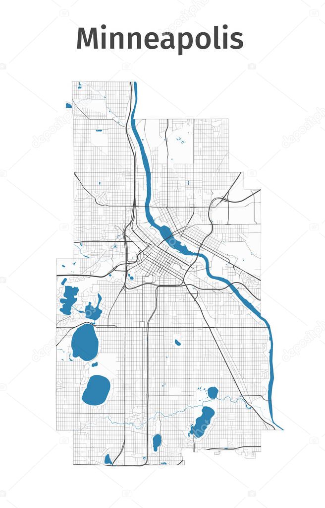 Minneapolis map. Detailed map of Minneapolis city administrative area. Cityscape panorama. Royalty free vector illustration. Outline map with highways, streets, rivers. Tourist decorative street map.