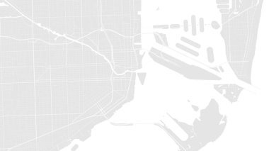 Açık gri ve beyaz Miami şehri vektör arkaplan haritası, sokaklar ve su haritası çizimi. Geniş ekran oranı, dijital düz tasarım sokak haritası.