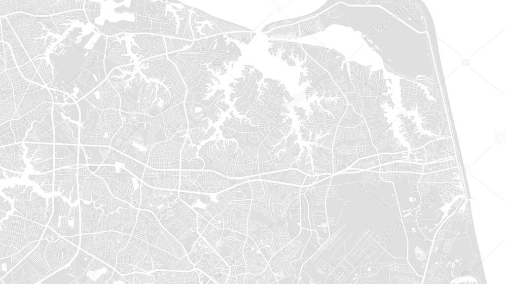 White and light grey Virginia Beach city area vector background map, streets and water cartography illustration. Widescreen proportion, digital flat design streetmap.