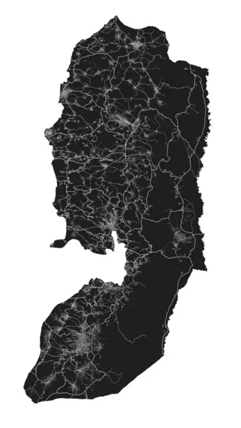 ヨルダン川西岸とガザの地図 ヨルダン川西岸とガザ行政区の詳細なベクトル地図 土地ポスター大都市圏ビュー 白い通り 道路や道路と黒の土地 — ストックベクタ