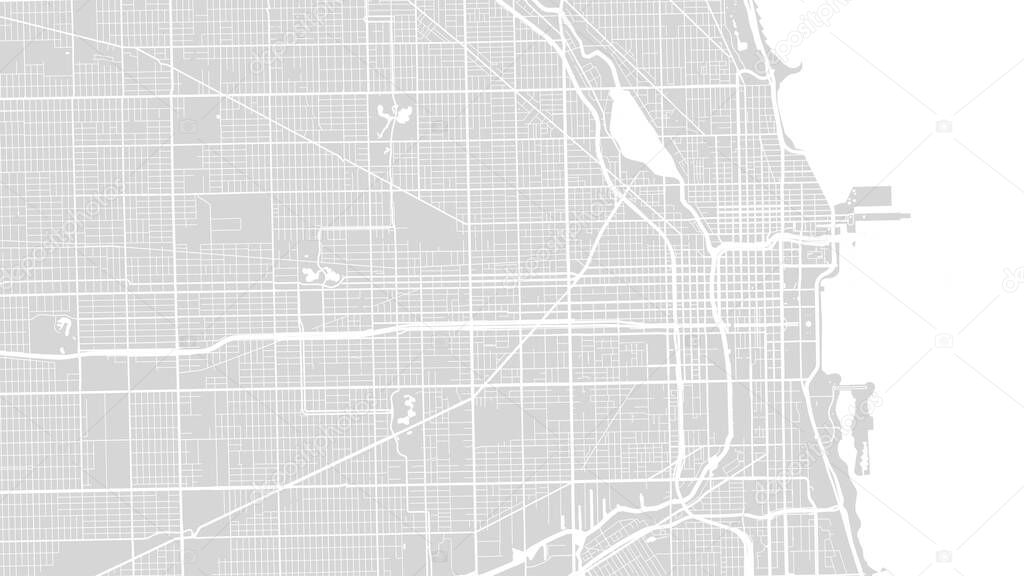 White grey Chicago city area vector background map, streets and water cartography illustration. Widescreen proportion, digital flat design streetmap.