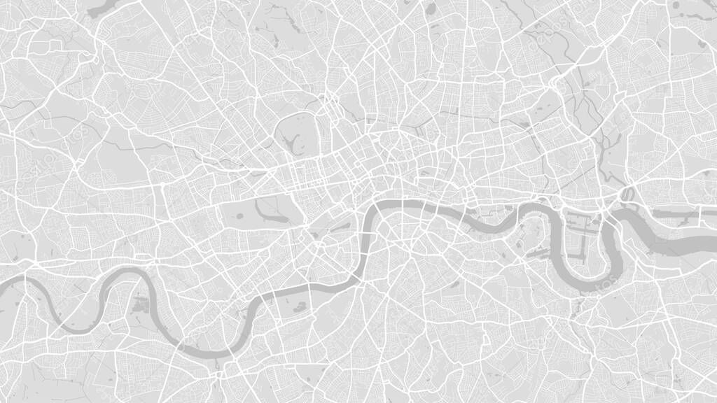White and light grey London city area vector background map, streets and water cartography illustration. Widescreen proportion, digital flat design streetmap.
