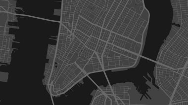 Siyah ve beyaz New York şehri vektör arkaplan haritası, sokaklar ve su haritası çizimi. Geniş ekran oranı, dijital düz tasarım sokak haritası.