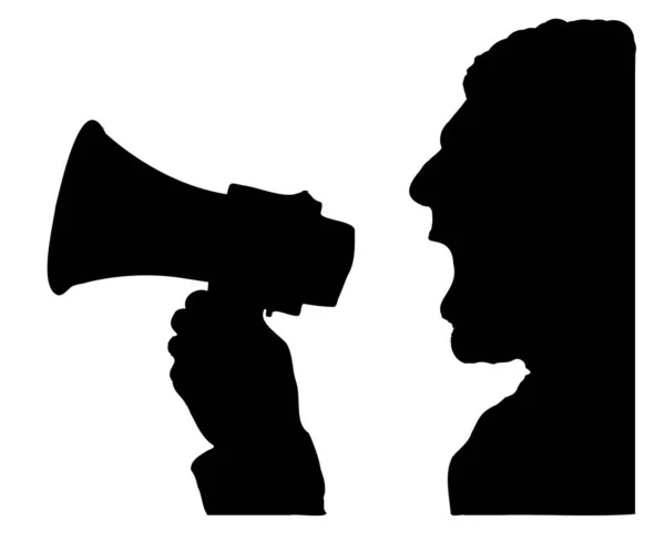 Man Shouting Megaphone Loudspeaker Face Profile Black Grey White Background — Stock Vector