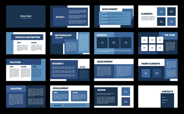 プレゼンテーションテンプレート 青と白の長方形のフラットデザイン 16スライド タイトル プロセスの説明 方法論 サービス チーム ソリューション 近代企業文書 — ストックベクタ