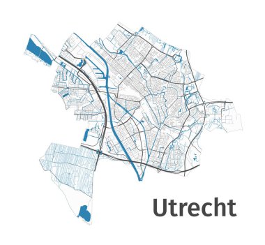 Utrecht haritası. Utrecht şehri yönetim bölgesinin ayrıntılı haritası. Şehir manzarası manzarası. Kraliyetten bağımsız vektör çizimi. Karayolları, sokaklar, nehirler. Turist dekoratif sokak haritası.