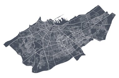 Kazablanka haritası. Casablanca şehrinin idari alanının detaylı vektör haritası. Şehir Posteri Arya Manzarası. Beyaz sokakları, yolları ve caddeleri olan karanlık topraklar. Beyaz arkaplan.
