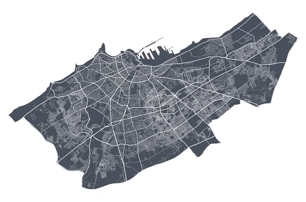 Kazablanka haritası. Casablanca şehrinin idari alanının detaylı vektör haritası. Şehir Posteri Arya Manzarası. Beyaz sokakları, yolları ve caddeleri olan karanlık topraklar. Beyaz arkaplan.