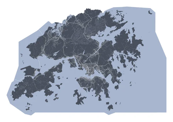 香港地图 香港城市行政区划的详细矢量图 城市景观海报都市地图集 黑暗的土地 白色的街道 道路和大道 白人背景 — 图库矢量图片