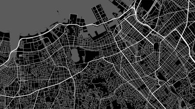Fukuoka şehri haritası, Japonya. Yatay arkaplan haritası afişi siyah beyaz arazi, sokaklar ve nehirler. 1920 1080 oranında. Telif hakkı olmayan gri ölçekli grafik çizimi.