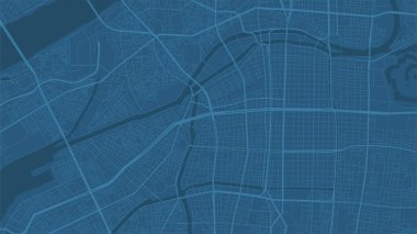 Mavi Osaka Şehri alan vektör arkaplan haritası, sokaklar ve su haritası çizimi. Geniş ekran oranı, dijital düz tasarım sokak haritası.