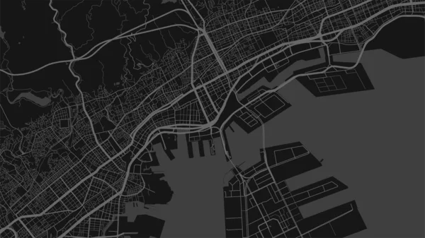 Dark Black Kobe City Area Vector Background Map Streets Water — Vetor de Stock