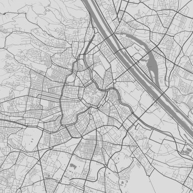 Viyana şehir haritası. Vektör illüstrasyonu, Viyana haritası gri pullu sanat posteri. Yollu sokak haritası, metropol şehir manzaralı.
