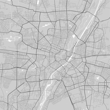 Münih şehir haritası. Vektör illüstrasyonu, Münih haritası gri pullu sanat posteri. Yollu sokak haritası, metropol şehir manzaralı.
