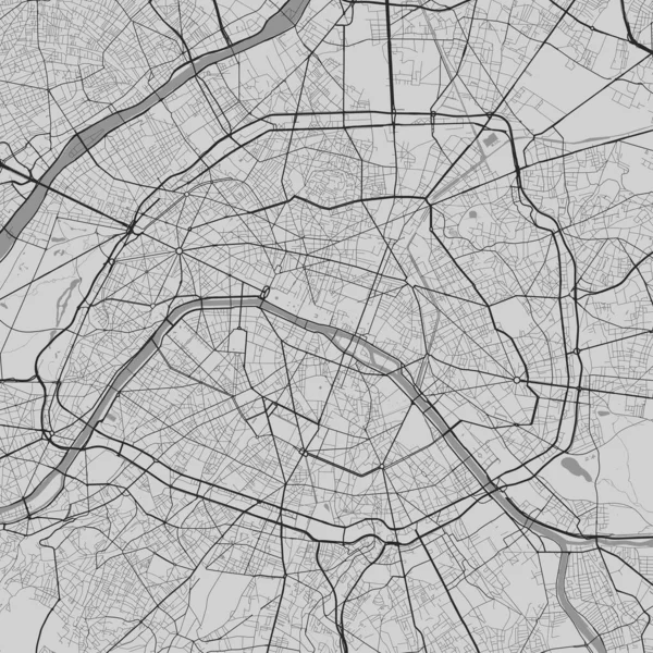 パリの都市地図 ベクターイラスト パリ地図グレースケールアートポスター 市街地ビューの道路と街の地図画像 — ストックベクタ