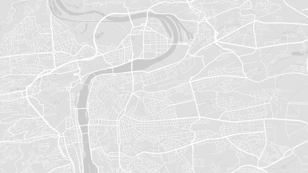 White and light grey Prague City area vector background map, streets and water cartography illustration. Widescreen proportion, digital flat design streetmap.