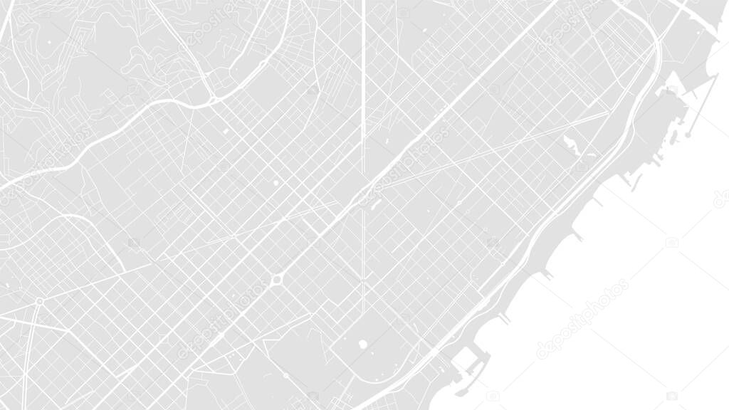 White and light grey Barcelona City area vector background map, streets and water cartography illustration. Widescreen proportion, digital flat design streetmap.