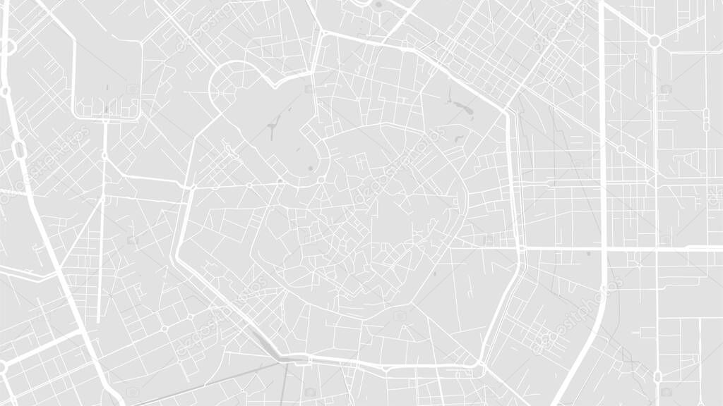White and light grey Milan City area vector background map, streets and water cartography illustration. Widescreen proportion, digital flat design streetmap.