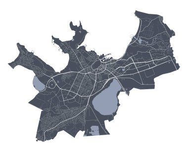 Tallinn haritası. Tallinn şehrinin idari alanının detaylı vektör haritası. Şehir Posteri Arya Manzarası. Beyaz sokakları, yolları ve caddeleri olan karanlık topraklar. Beyaz arkaplan.